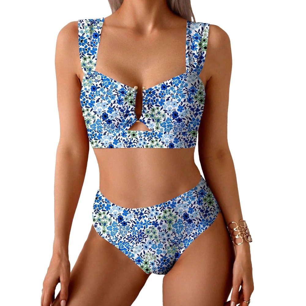Blue Floral High Waisted Bikini Set U Wire Cutout Sweetheart Swimsuit Size S